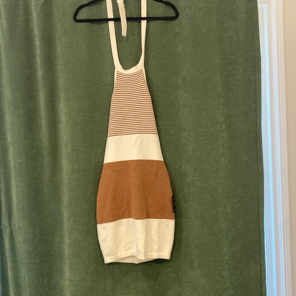 Flirty Babe Ivory and Brown Striped Halter Sweater Dress